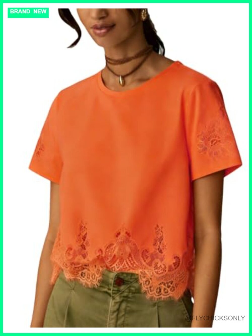 Women's Lace Cropped Crew Neck Short Sleeve Top Floral Trim Shirt